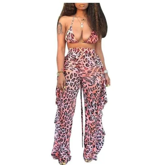 Jumpsuits Crop Top and Hollow Out Ruffle Long Pants - Leopard - Picture 1 of 5
